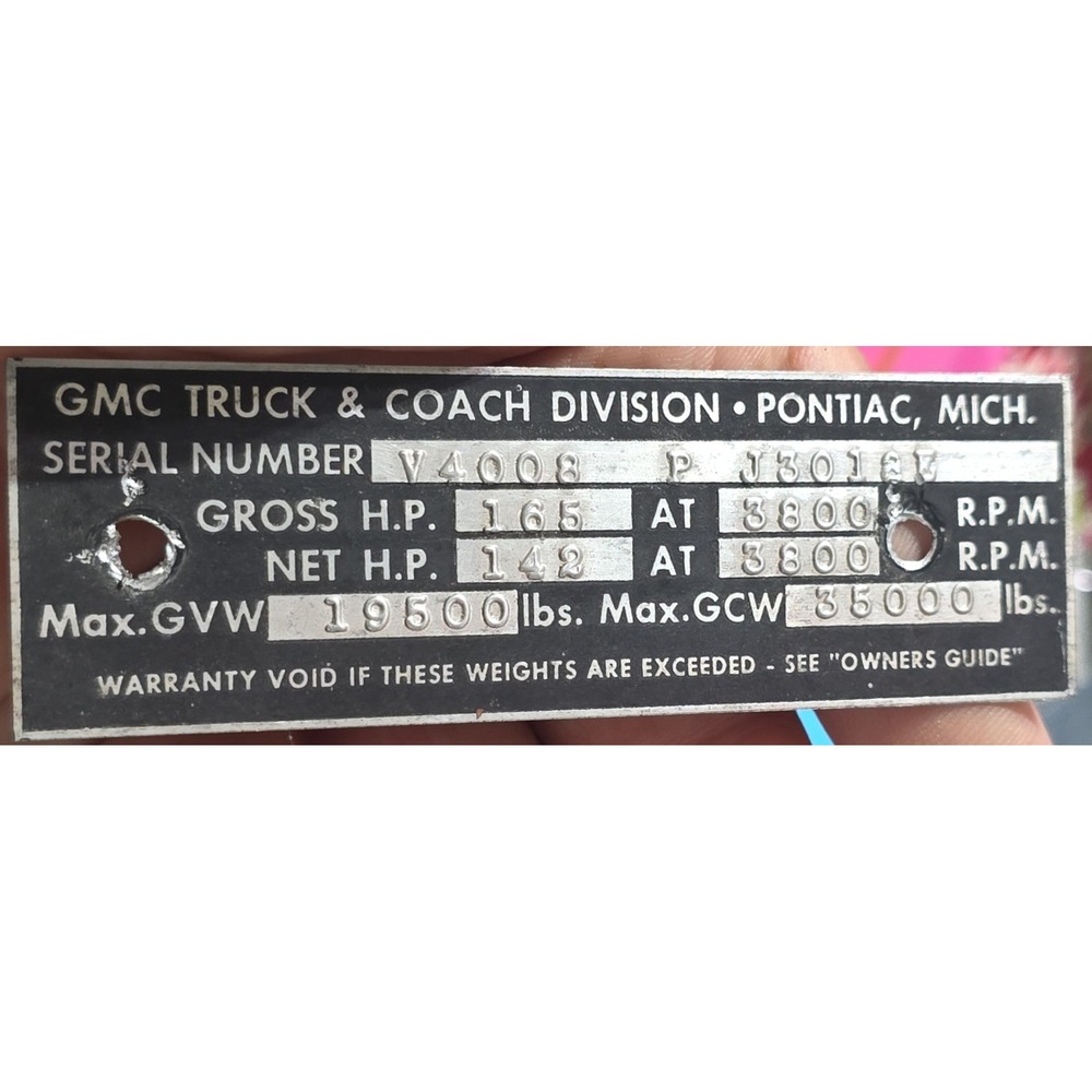 1962 GMC Truck Data Plate Pontiac Michigan Vintage Metal